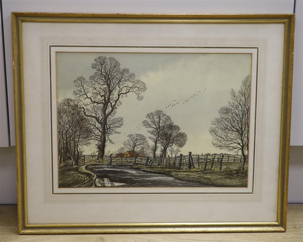 Edward Stamp, R.I., (b.1939-), ink and watercolour, Gated road, Quarrendon, Buckinghamshire, signed and dated 1974, 24 x 33cm